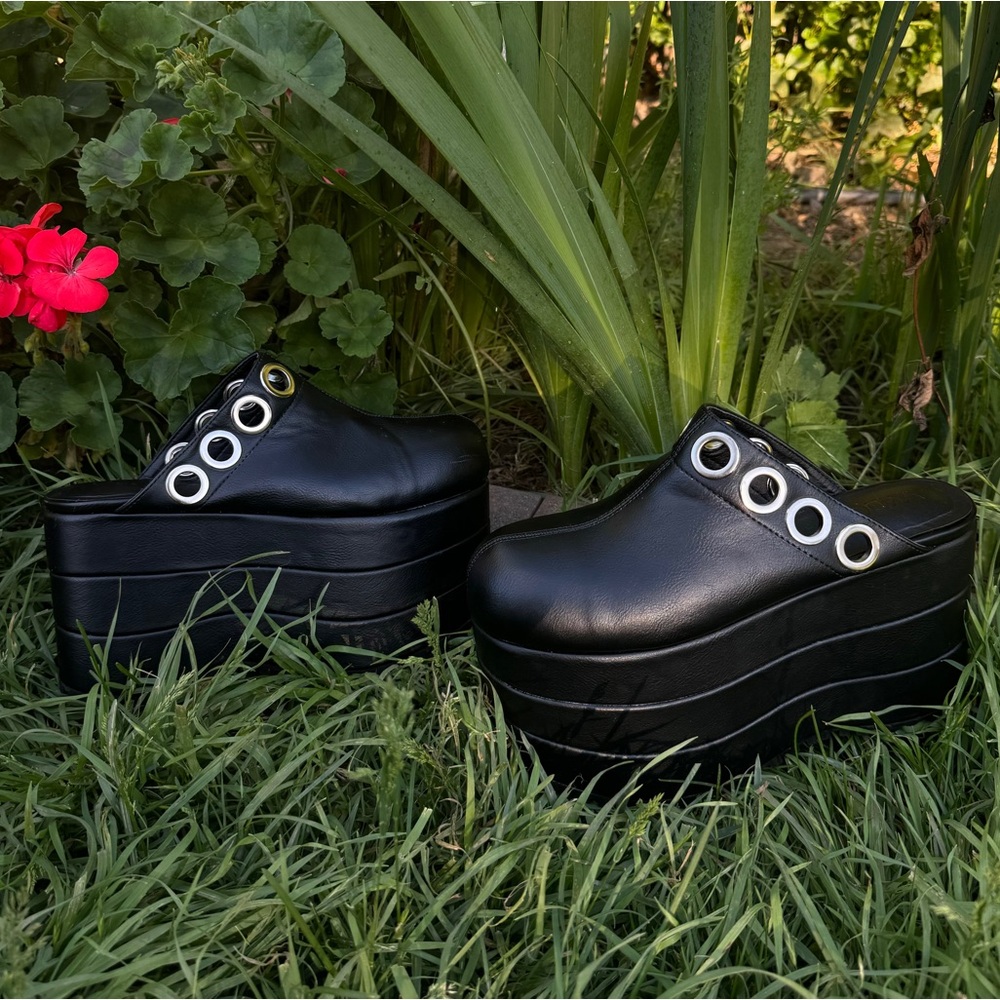Dolls Kill Black Platform Clog Mules with Silver Eyelets - Picture 2 of 9